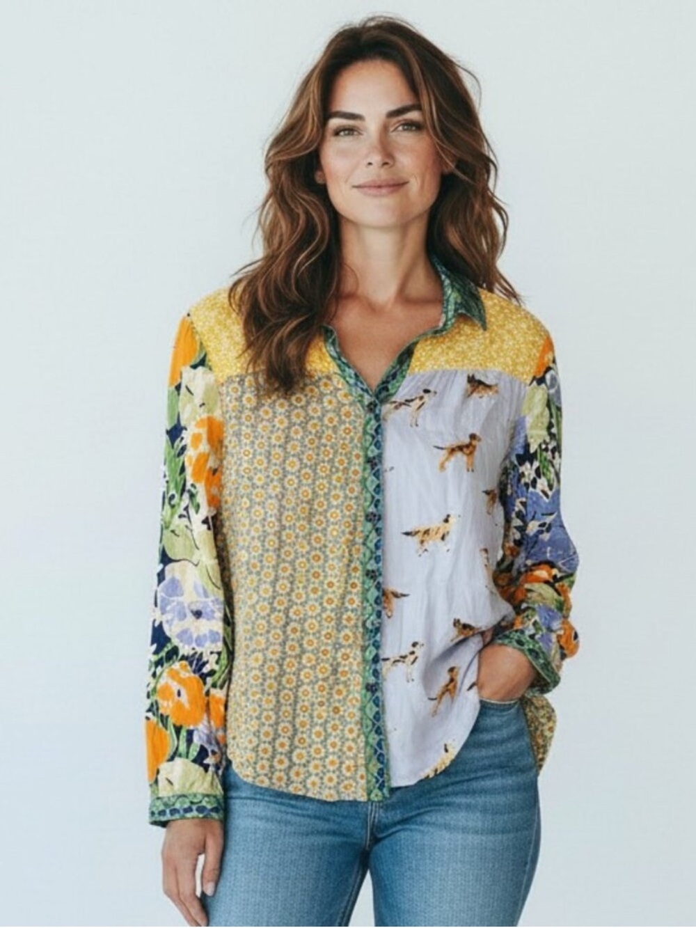Anthropologie Maeve Paz Multicolor Floral Dog Patchwork Print Button Up Size XSP